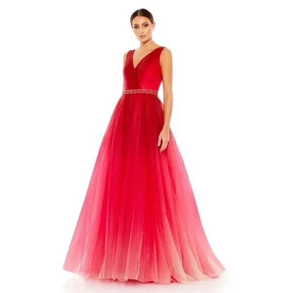 Mac Duggal‎ Gown Beaded Belt Wrap Over Sleeveless Ballgown Red Ombre Sz 8 20378 - Picture 1 of 9